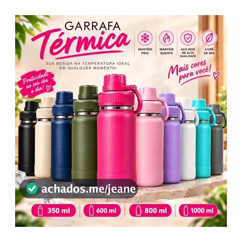 Garrafa Térmica Inox 304- 350ml 600ml 800ml 1L com Alça Mantém Quente e Frio até12 Horas