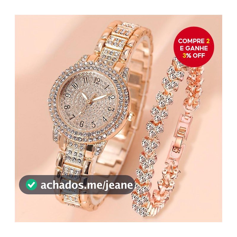 Conjunto De Joias Com Relógio De Pulso Feminino De Quartzo E Bracelete De Diamante Completo - 2 Peças