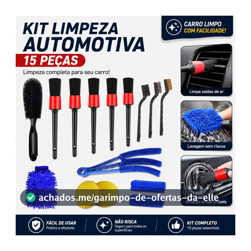 Kit 15 Peças Lavagem Automotiva Esponja + Escova + Flanela 30x40cm + Aplicador de Cera + Luva Microfibra + Pincel