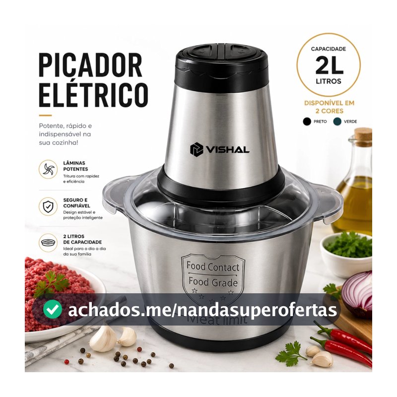 2 Litro Triturador De Alimentos Carne e Legumes Elétrico Multiprocessador 2 Modos Bivolt Inox Fácil De Limpar