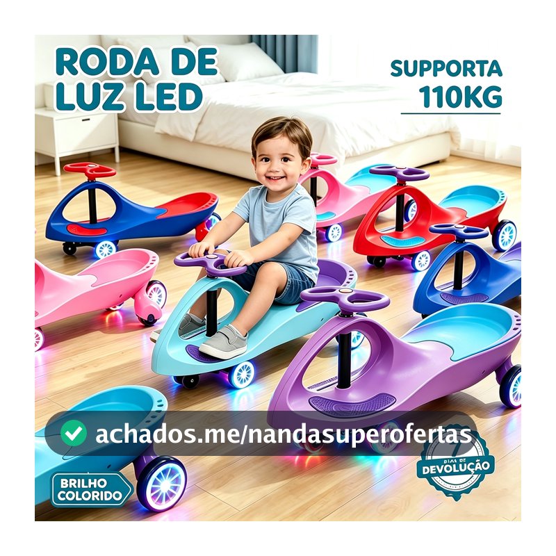 Carrinho de rolimã com Volante Giratório 360° -  Suporte para 110 kg / Presente de Dia das Crianças