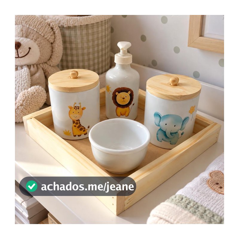 Kit Higiene Bebê Safari em Porcelana com Bandeja e Pinos - 5 Peças - Decoração Quarto de Bebê