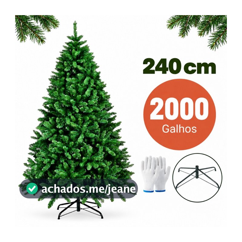 Árvore de Natal 240cm 2000 Galhos Pinheiro Verde Super Cheia Grande Luxo Base de Ferro 2,40m