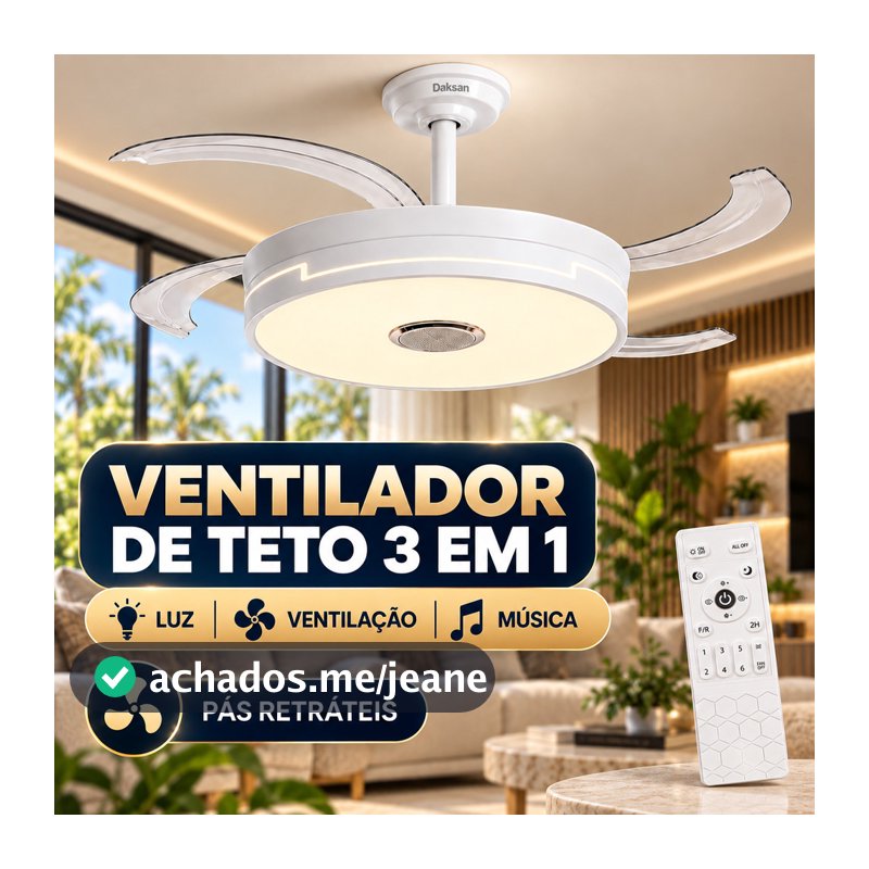 Ventilador de Teto Retrátil LED 108CM 110V/220V Branco com Som Integrado Controle Remoto
