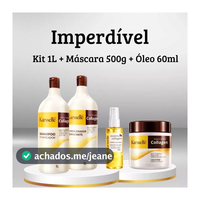 Kit 4 em 1 Completo Karssellé – Shampoo 1L + Condicionador 1L + Máscara 500ml + Óleo 60ml