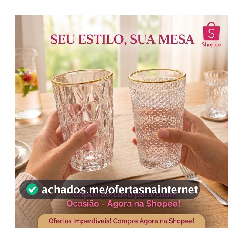 Jogo 6 Copos Vidro Borda Dourada 350ml Diamond ou Imperial Mesa Posta Luxo