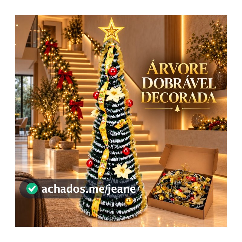 Árvore de Natal Decorada Slim 1,5m Dobrável com Enfeites Laços Bolas e Estrela
