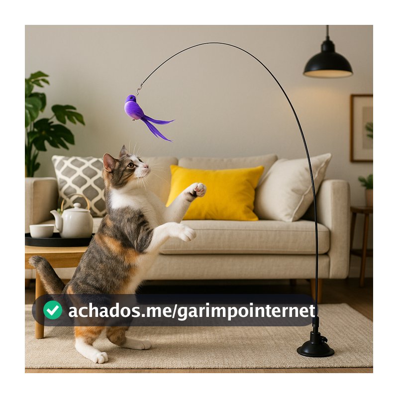 Brinquedo Varinha Gato Pena de Passaro Com Ventosa Fixa No Chao