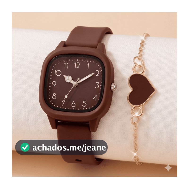 Kit Relógio Feminino Casual Luxo + Pulseira Coração Silicone Caqui Marrom