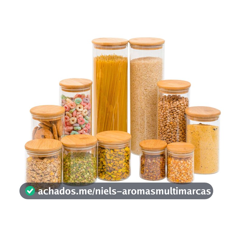 Kit 11 potes de vidro com tampa de bambu herméticos redondos - Tüd