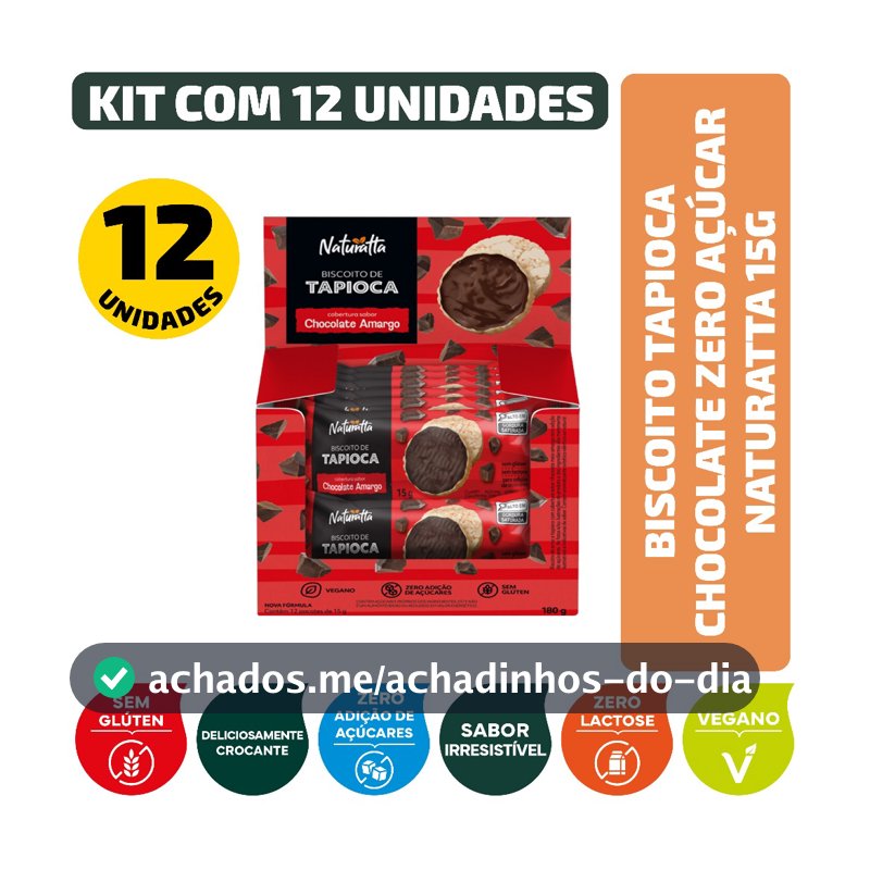 Biscoito Tapioca Chocolate Zero Açúcar Vegano Naturatta 15G - Kit 12 Unidades