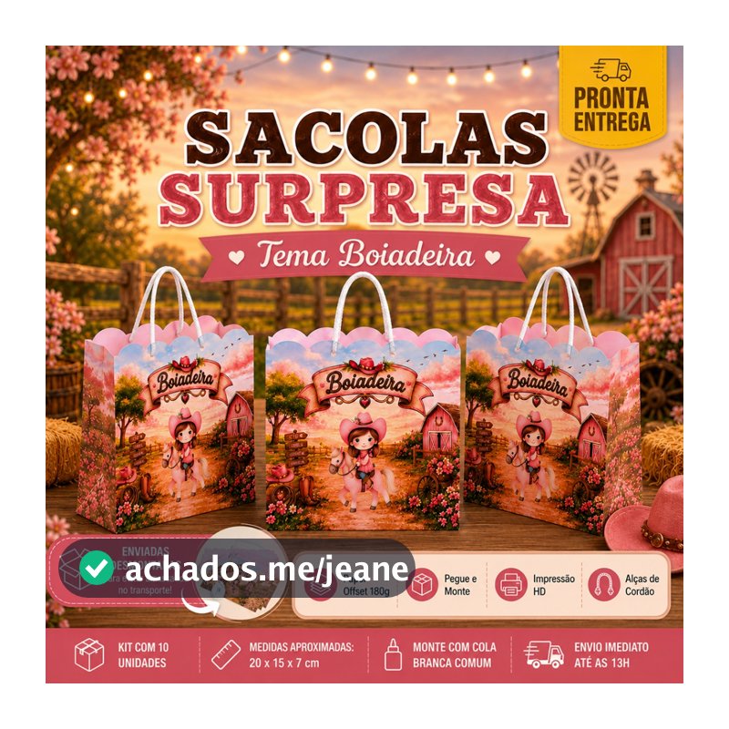 Kit com 10,20 ou 30 Sacolas Lembrancinha Boiadeira Festa Infantil Envio Imediato