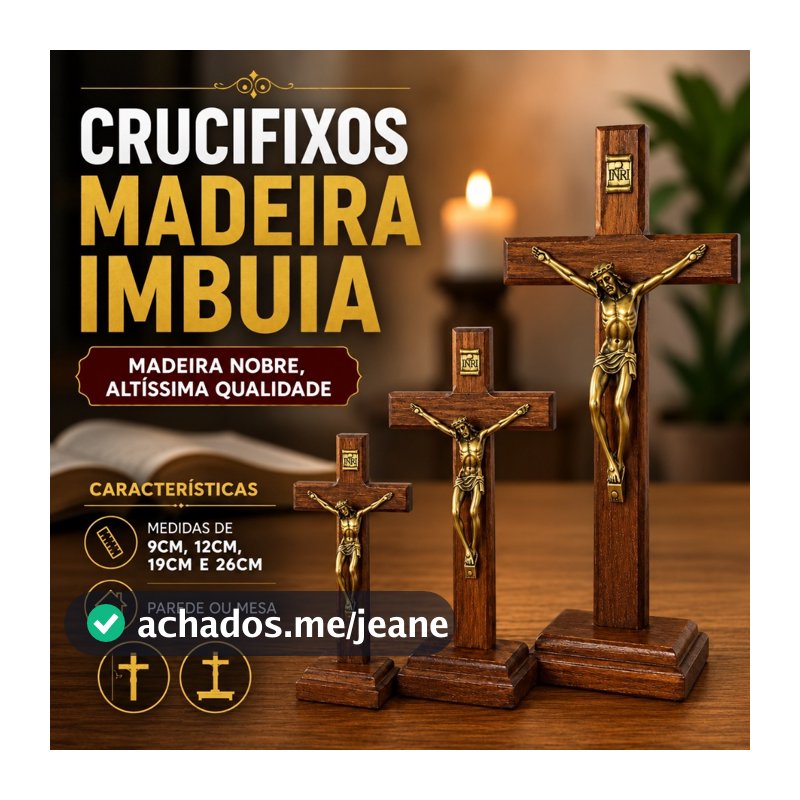 CRUCIFIXOS DE PAREDE OU MESA EM MADEIRA COM CRISTO EM METAL OURO VELHO 9CM, 12CM, 19CM ou 26CM