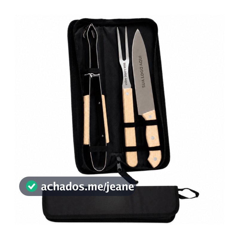 Kit Churrasco Personalizado 3 Peças Faca Garfo Pegador Estojo em Inox em Madeira