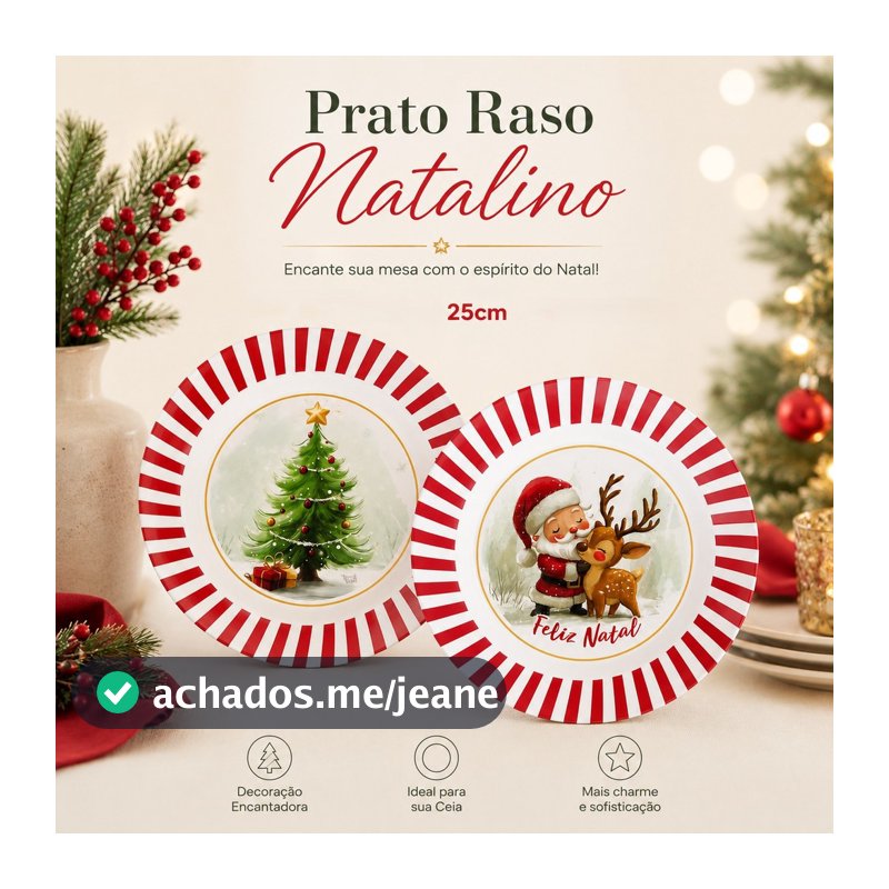 Prato De Natal Raso Melamina 25cm Decoração Mesa
