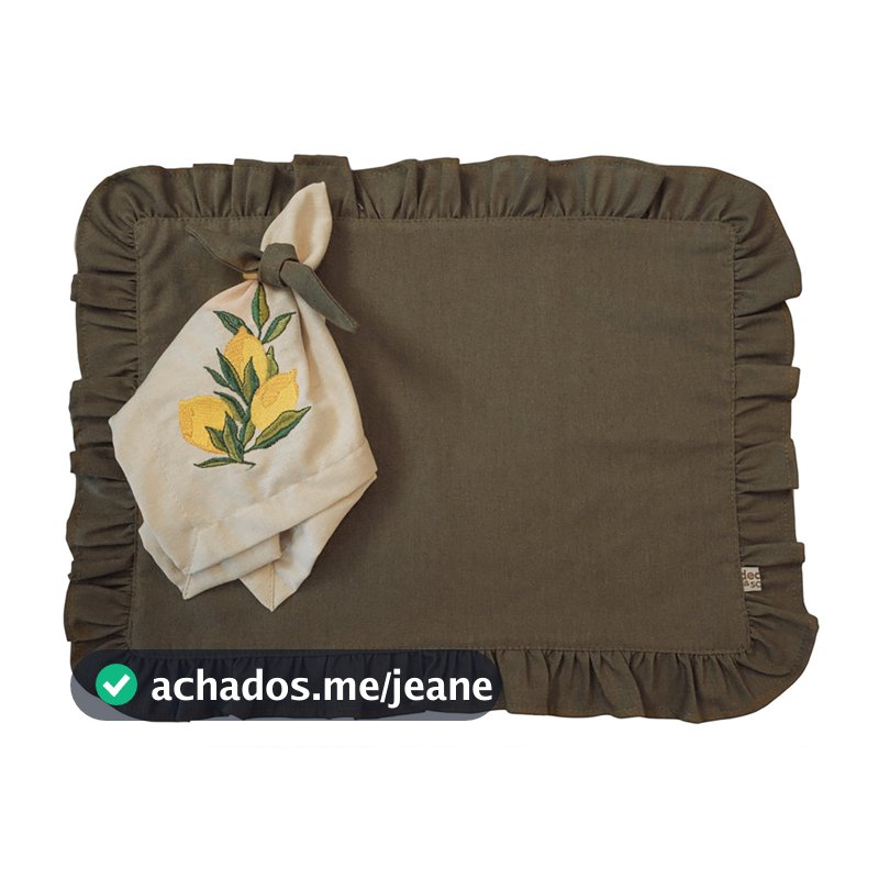 Kit Lugar Americano Linho Verde com Babado + Guardanapo Bordado Limão Siciliano