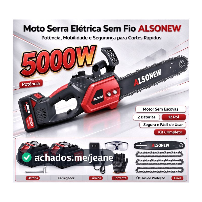ALSONEW Motosserra 12 Pol 5000W Sem Fio Motor Sem Escovas 2 Baterias Kit Completo