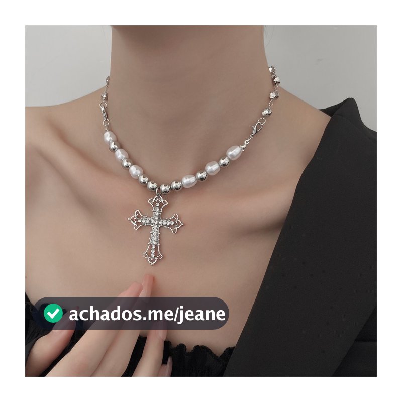 Colar Feminino Prateado Pérola com Cruz Strass Pedraria Completa