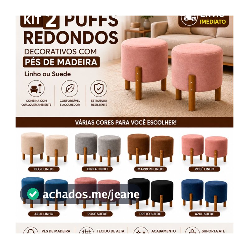 Kit 2 Puffs • Puff Redondo • Decorativo • Pés de Madeira • Linho • Suede • Sala • Quarto • Penteadeira