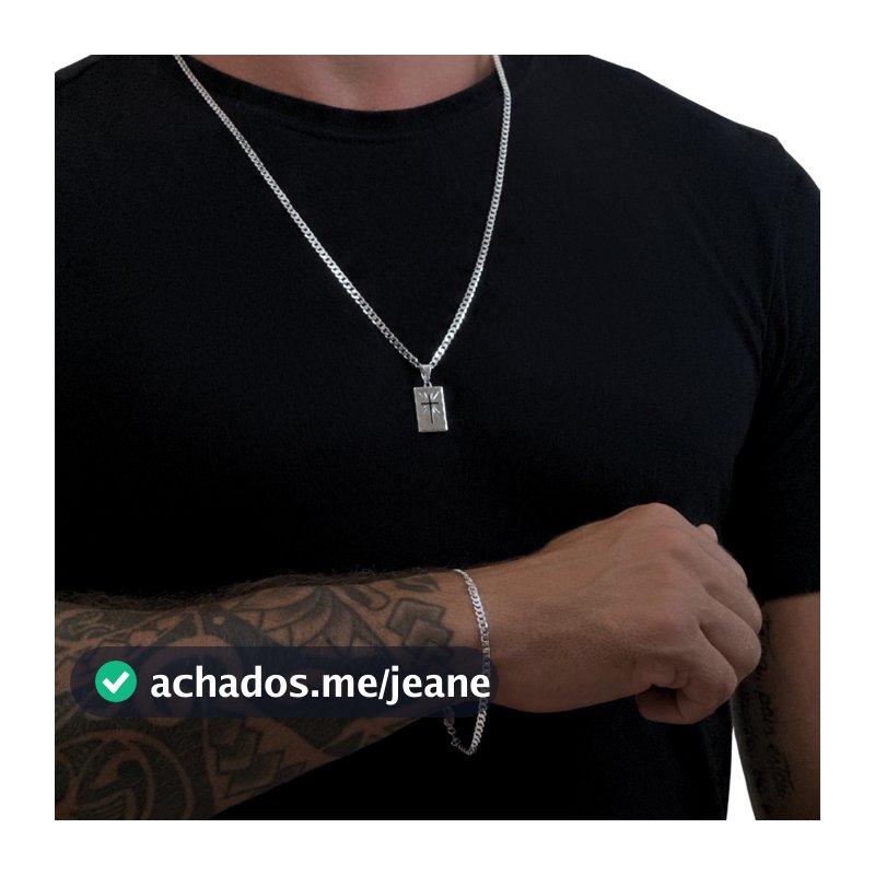 Kit Corrente Masculina Grumet 1x1 + Pulseira + Pingente Cruz + Embalagem Presente (Banho Prata 925)