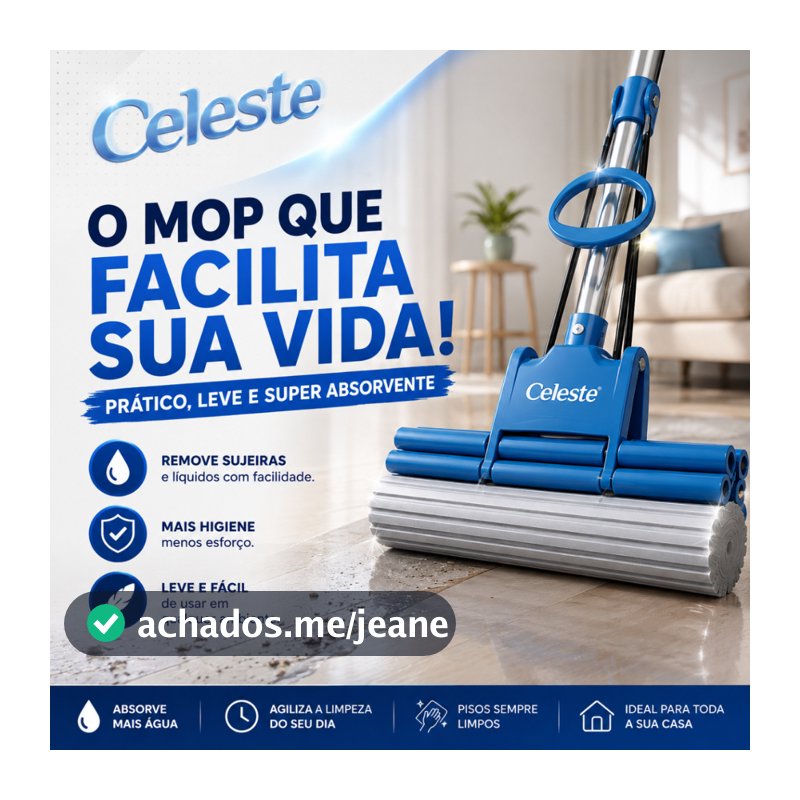 Rodo de Limpeza Mop Fácil Celeste Auto Torção Espuma Absorve Rodo Magico Pva Cabo Longo