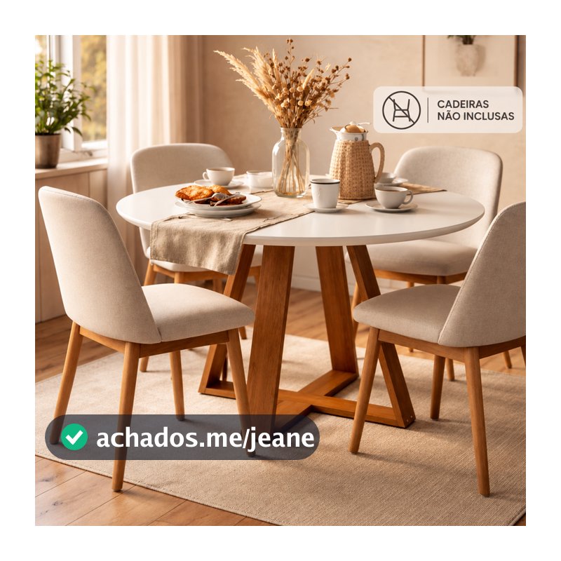 Mesa De Jantar Redonda Livia 110cm 4 Lugares Branca Base Mel Moderna