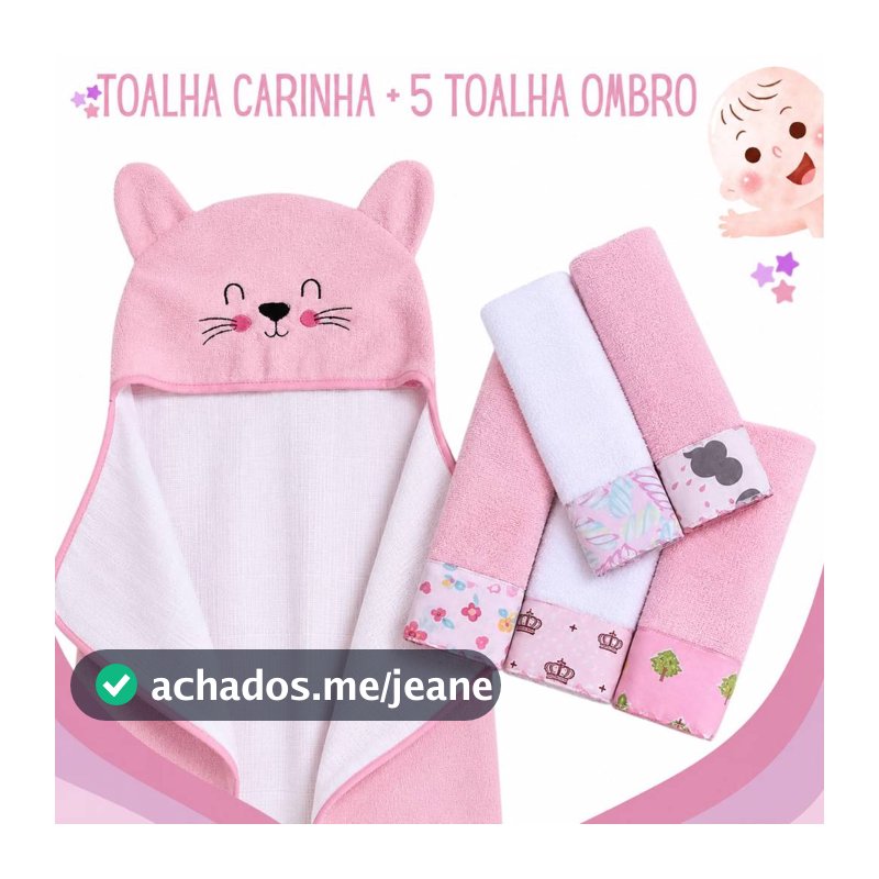 Kit Banho Bebê 6 Peças 1 Toalha Carinha Bordada E 5 Toalhinhas Ombro Overlocadas