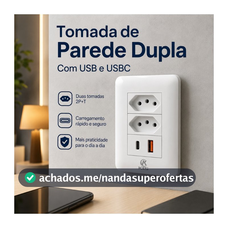 Tomada De Parede Dupla USB E USB-C Carregador Rápido 4 Em 1 Bivolt 110v 220v 10A Branco