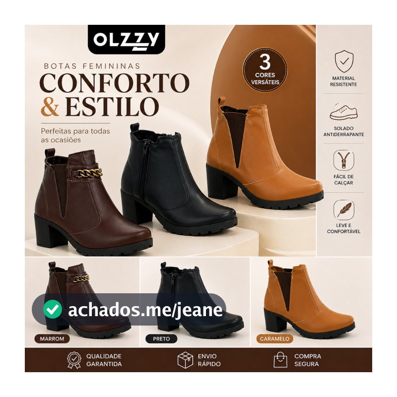Bota Feminina Coturno Cano Curto Salto Médio Grosso Moda Confortável Promoção Original Olzzy