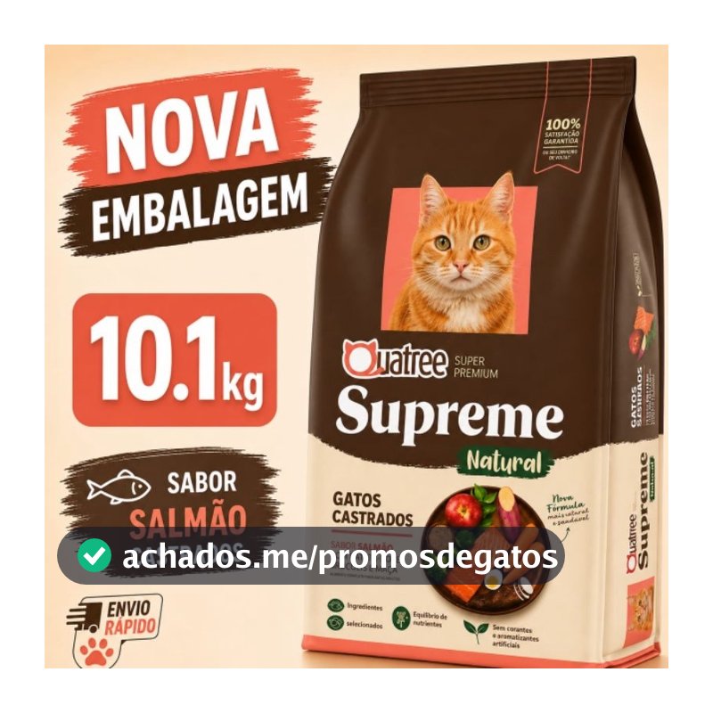 Ração Super Premium para Gatos Castrados 10kg Quatree Supreme Natural sabor salmão