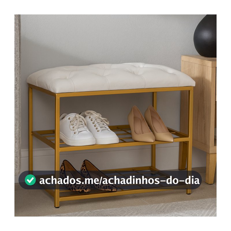Sapateira Banco 2 Andares 47x30x60cm Metal Dourado com Assento Estofado Veludo Organizador