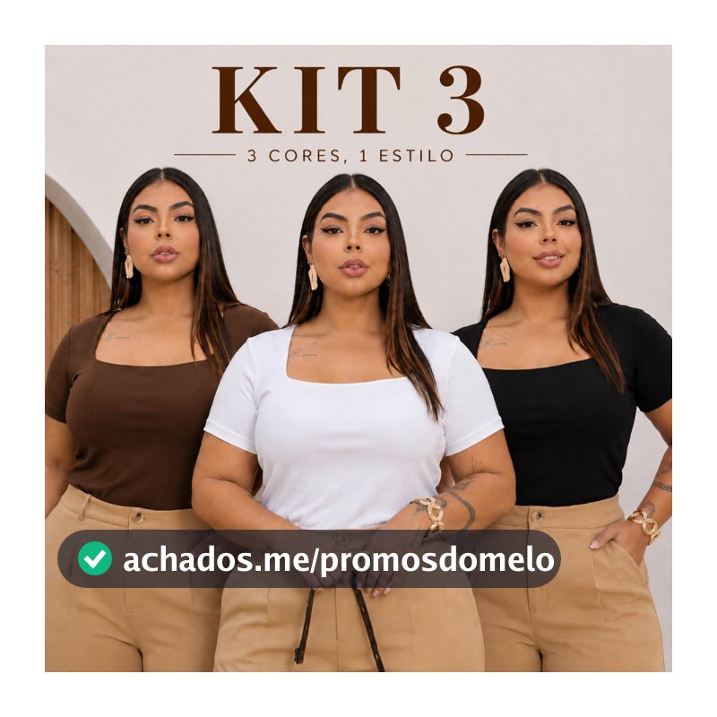 Kit 3 Blusa Feminina Plus Size Manga Curta Suplex Decote Quadrado Básica Premium Elegante Confortável