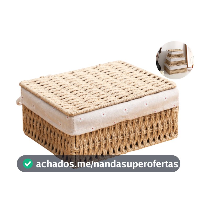 Cesto Caixa Decorativa Fibra Natural Forro De Algodão Tampa Multiuso Decoração Ambiente Escritório