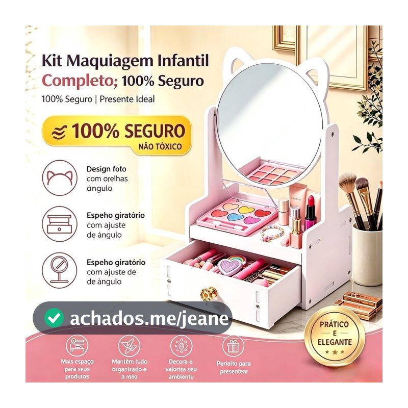 Kit Maquiagem Infantil Completo Com Espelho e Acessórios Não Tóxico
