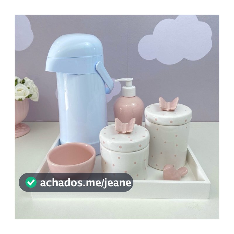 kit higiene bebê porcelana borboleta poá rosa seco garrafa térmica 500ml