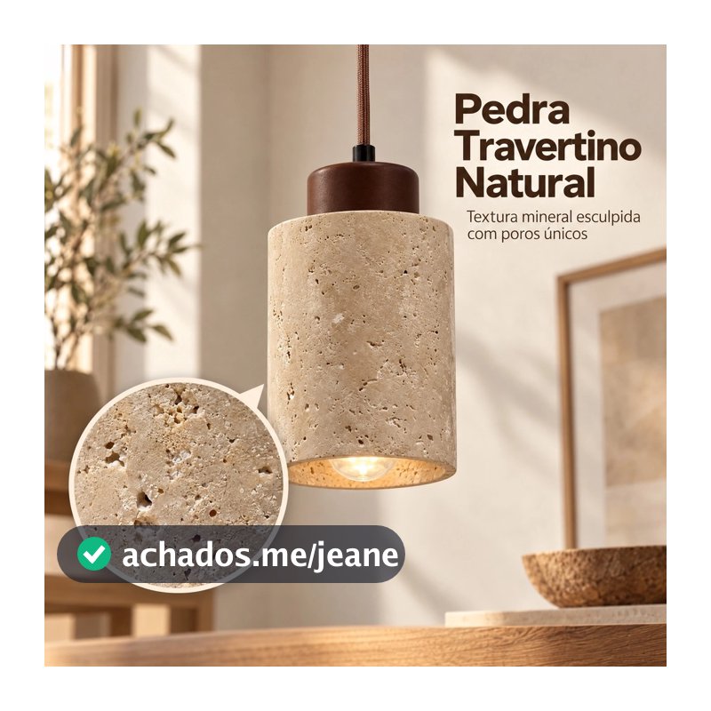 Luminária LED Lustre Pendente Em Pedra Travertino Natural Amarela, Luz 10W Branco Quente, Cabo Ajustável 1.8m