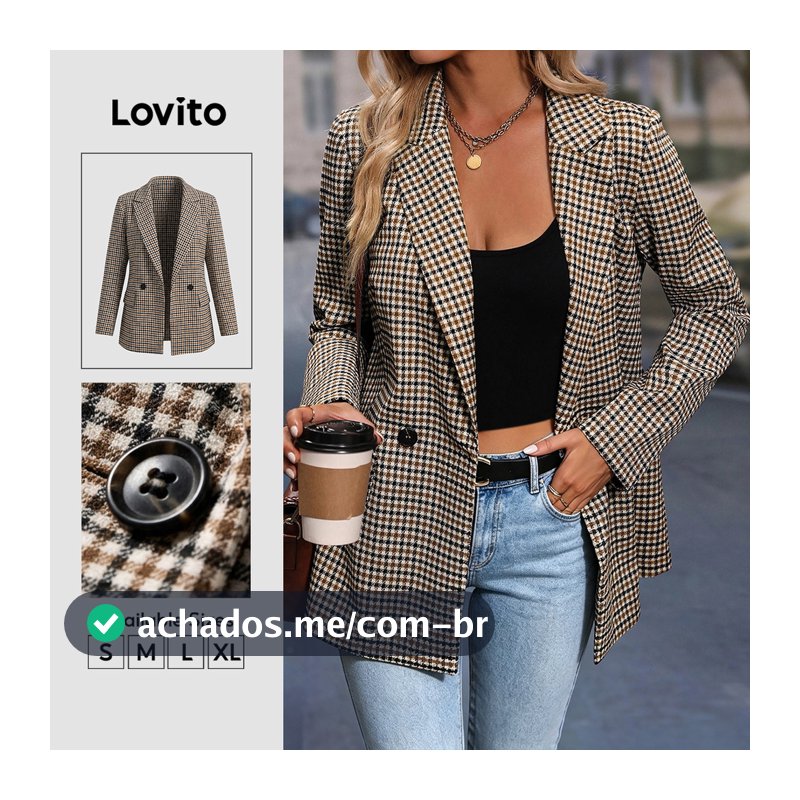 Lovito Blazer Feminino Xadrez Elegante De Manga Longa Com Lapela E Botões Para Trabalho Fim De Semana Caqui BZK9BR178