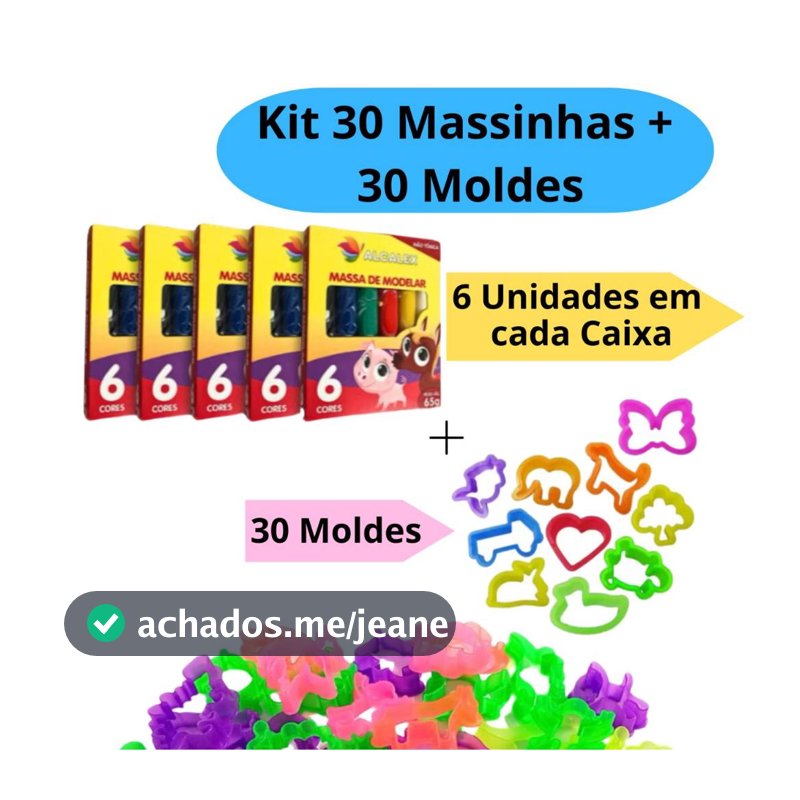 Kit 30 Unidades de Massinha de Modelar + 30 Forminha Molde Cortador Festa Criança Aniversário
