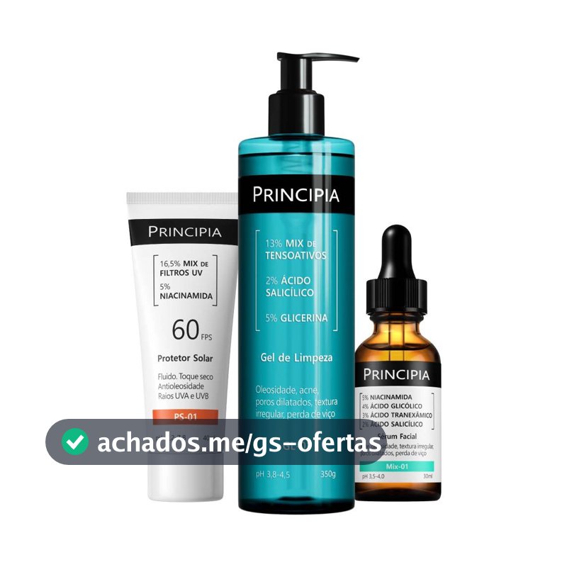 Principia Kit Anti-Acne Trio c/ Gel de Limpeza GL-01 + Sérum Mix-01 + Protetor Solar Facial PS-01 FPS 60
