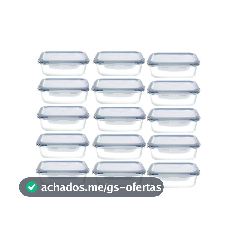 Kit 15 Potes Hermético 350ml Vidro Retangular Marmita Tampa Hermética 4 Travas Marmitinha Fitness
