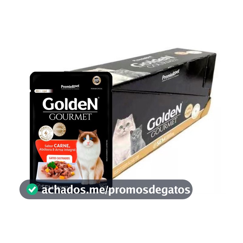 Caixa 20Un. Ração Úmida Golden Gourmet Para Gatos Castrados Carne 70g