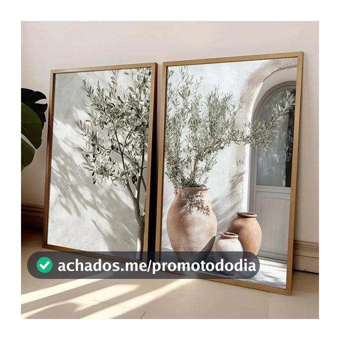 Kit 2 Quadros Decorativos com Moldura Decoração Parede Moderna para Sala e Quarto Oliveira e Vasos Mediterrâneos