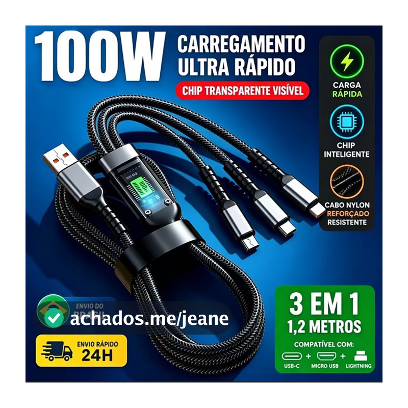 Cabo De Carregamento 3 Em 1 De Liga De Zinco 100W 6A Carregador Super Rápido USB