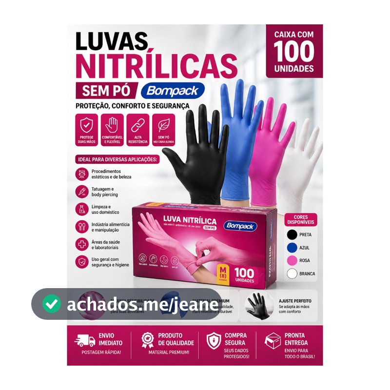Luva Nitrílica sem pó nitrilo preta/rosa/azul antialérgica descartáveis P, M , G, GG com certificado