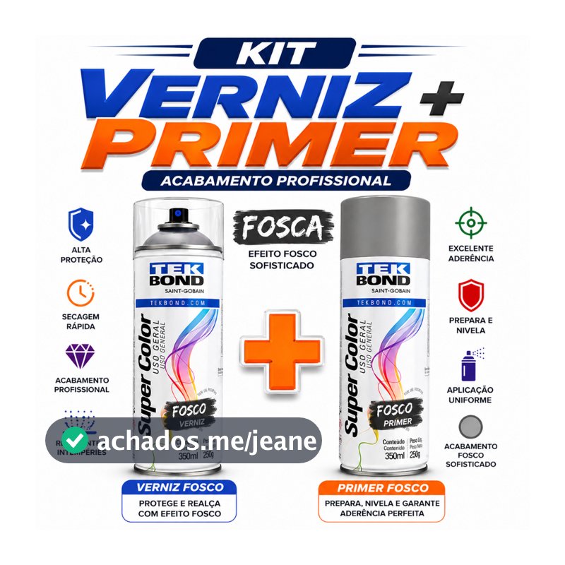 Kit Verniz fosco e Primer 350ml Tekbond Aerossol Secagem Rapida Metal Madeira Ferro MDF