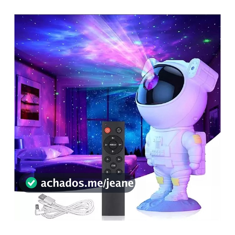 Projetor Astronauta Galáxia LED Nebulosa Estrelas 360° Controle Remoto USB Luminária Noturna