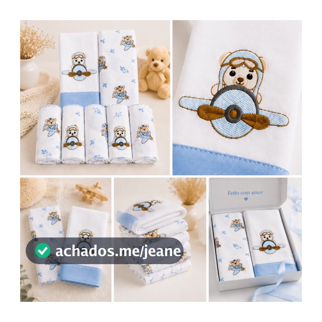 Kit 7 Peças Enxoval Bebê Menino Menina 5 Fraldas de Pano + 2 Toalhas Fralda Luxo Já Bordado