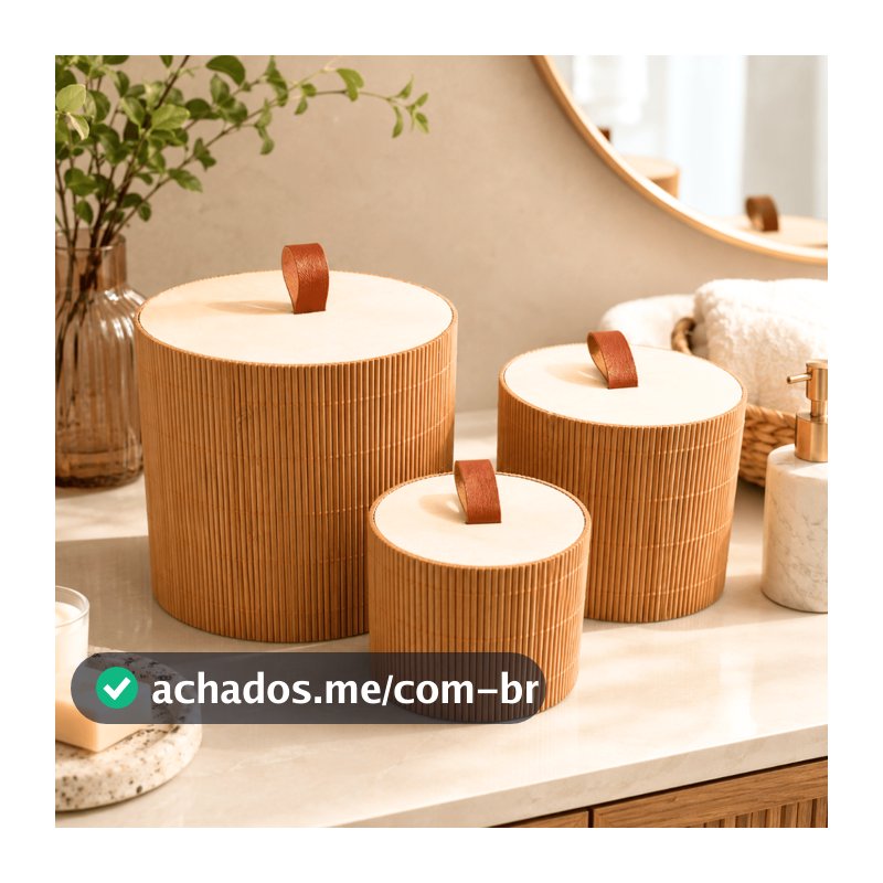 Kit 3 Cestos Organizadores de Bambu com Tampa para Banheiro Quarto e Maquiagem