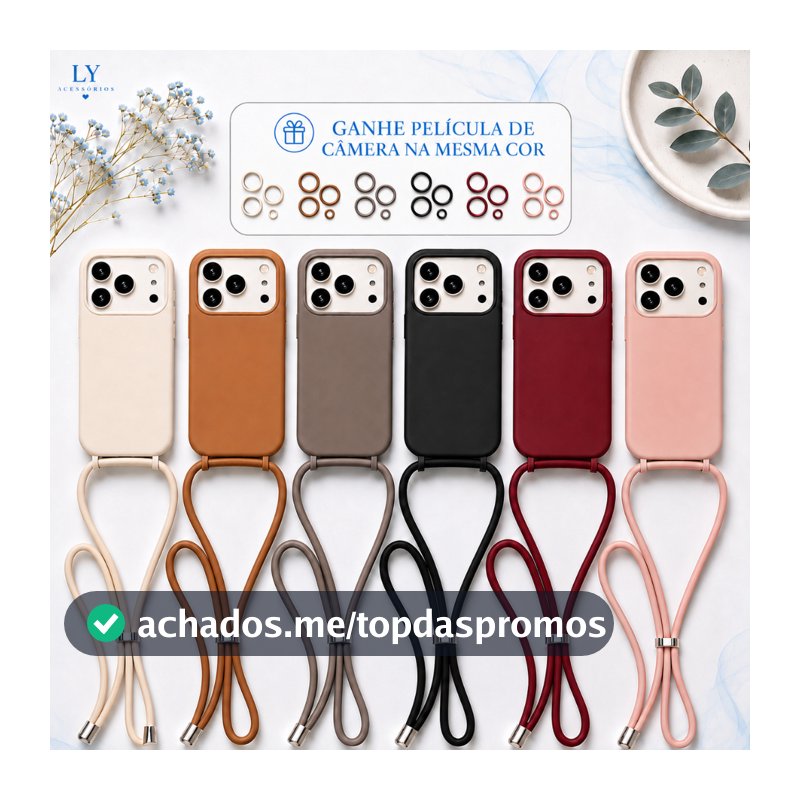 Capa Capinha com Cordão para iPhone 17 17 Air 16 16E/17E 15 14 13 12 11 Pro Max TPU Aveludada Antichoque