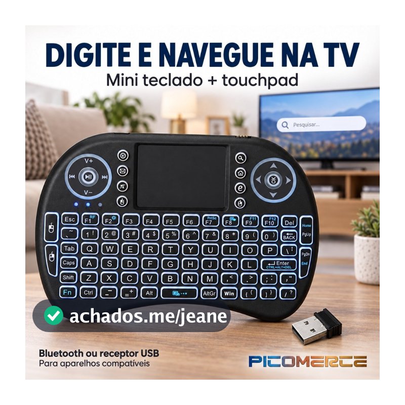 Mini Teclado Sem Fio com Touchpad RGB Bluetooth e Receptor USB para Smart TV TV Box e PC
